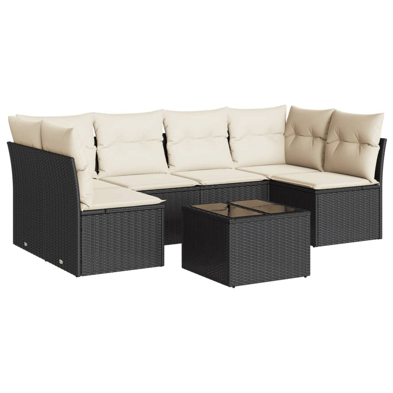 7-delige Loungeset met kussens poly rattan zwart