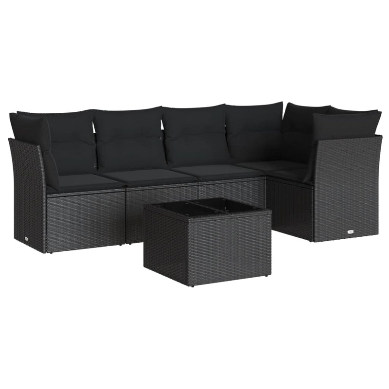 6-delige Loungeset met kussens poly rattan zwart