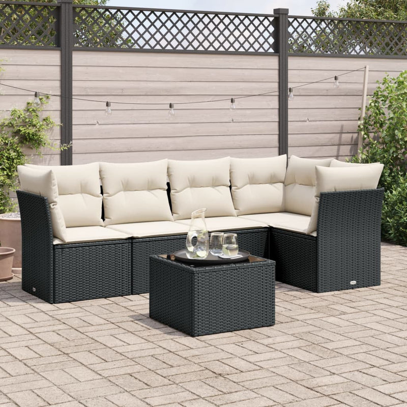 6-delige Loungeset met kussens poly rattan zwart