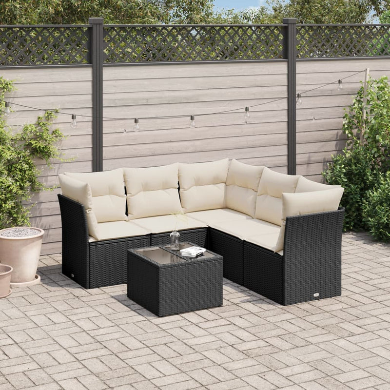 6-delige Loungeset met kussens poly rattan zwart