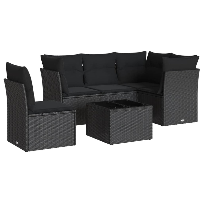 6-delige Loungeset met kussens poly rattan zwart