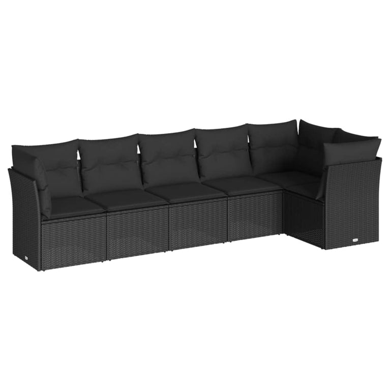 6-delige Loungeset met kussens poly rattan zwart