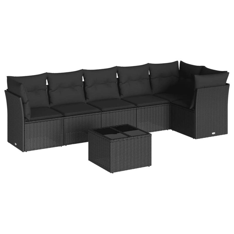 7-delige Loungeset met kussens poly rattan zwart