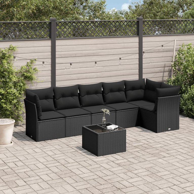 7-delige Loungeset met kussens poly rattan zwart