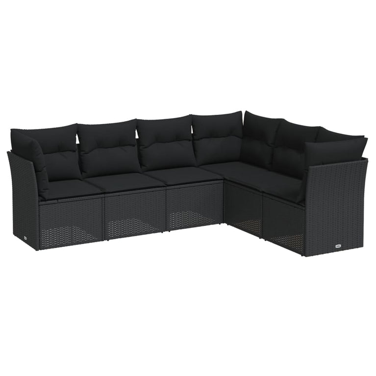 6-delige Loungeset met kussens poly rattan zwart