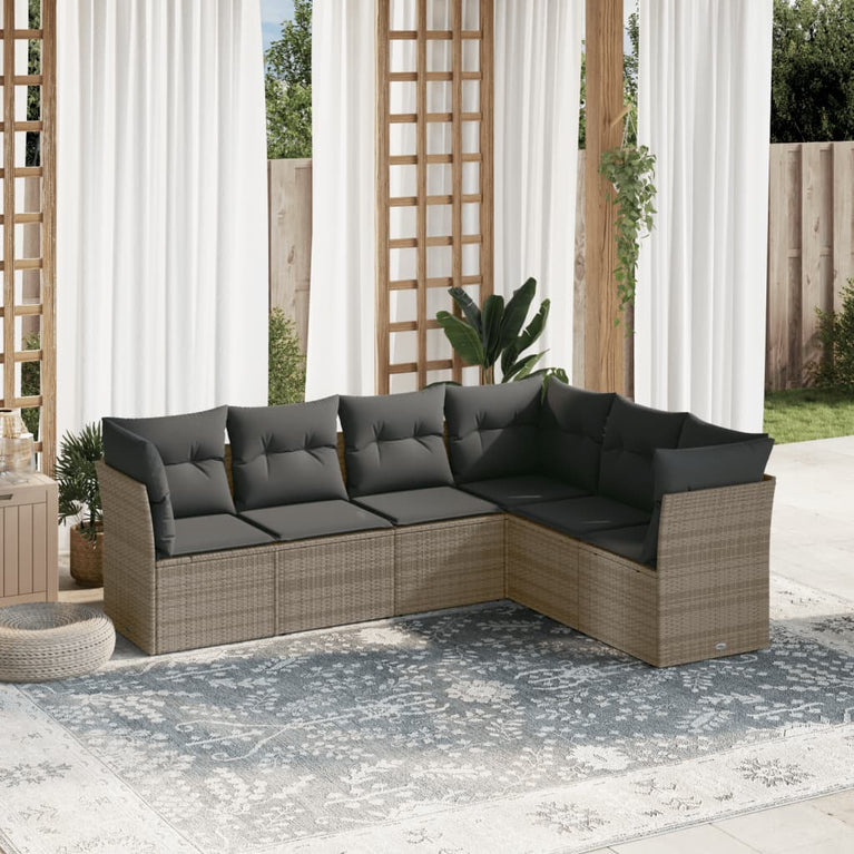6-delige Loungeset met kussens poly rattan grijs