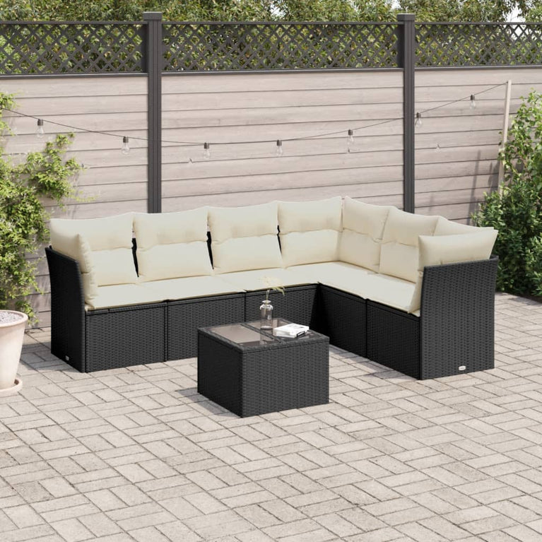 7-delige Loungeset met kussens poly rattan zwart