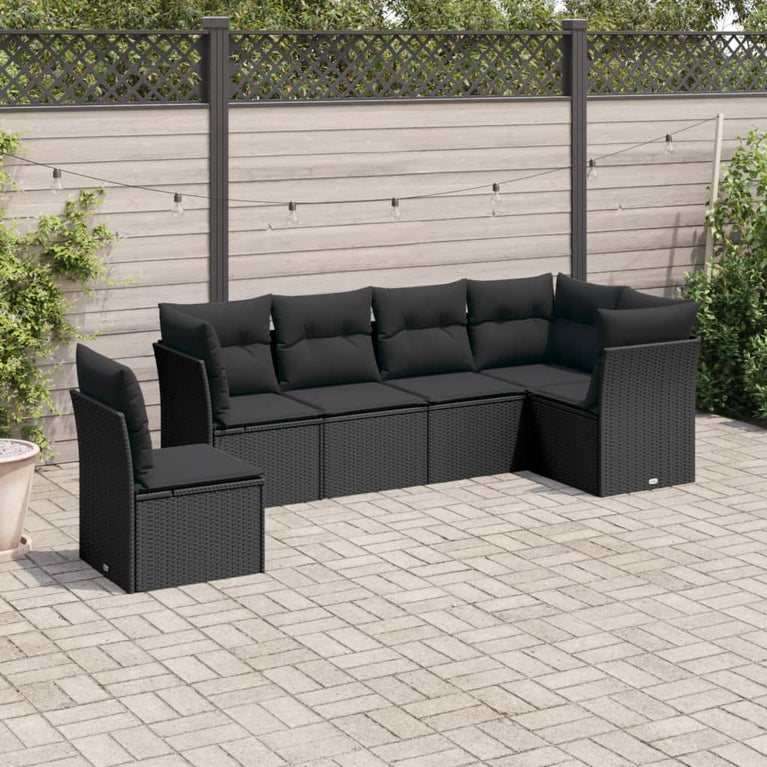 6-delige Loungeset met kussens poly rattan zwart