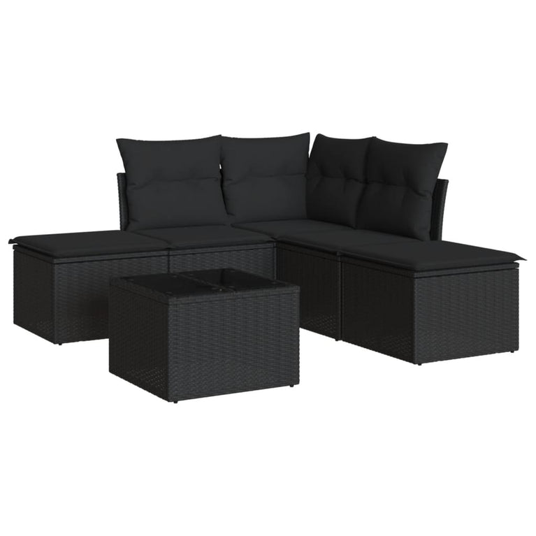 6-delige Loungeset met kussens poly rattan zwart
