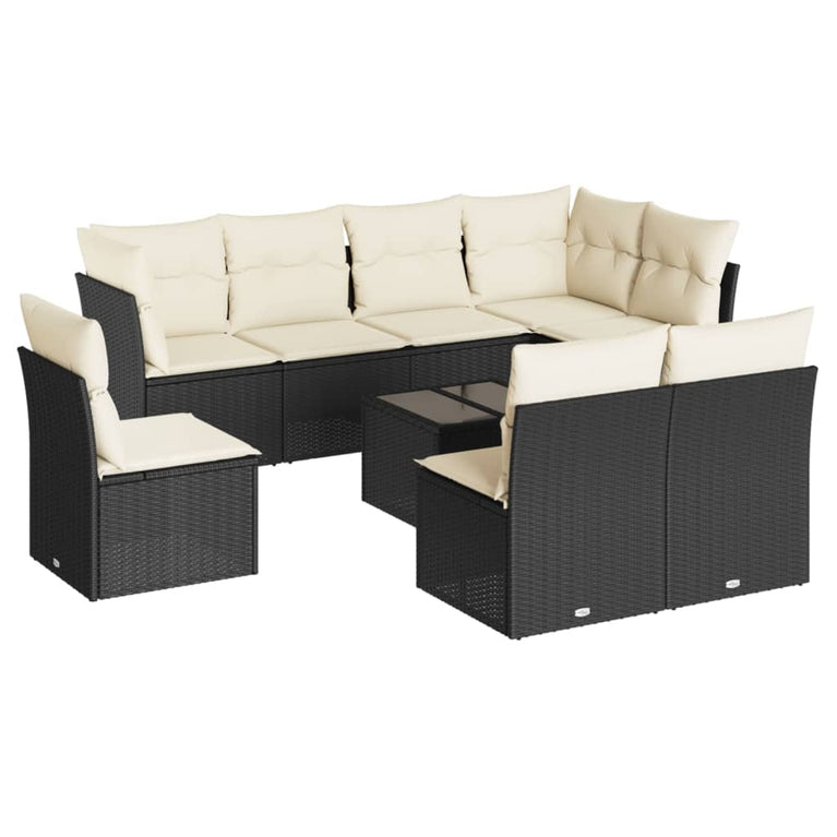 9-delige Loungeset met kussens poly rattan zwart