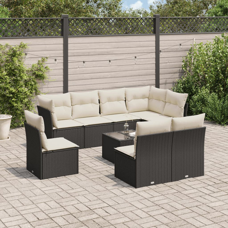 9-delige Loungeset met kussens poly rattan zwart