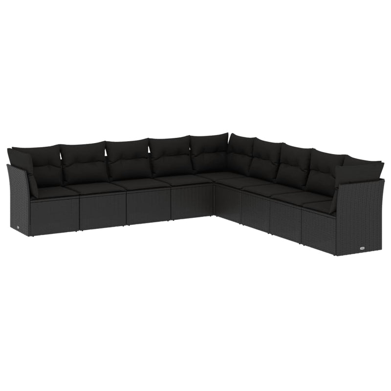 9-delige Loungeset met kussens poly rattan zwart