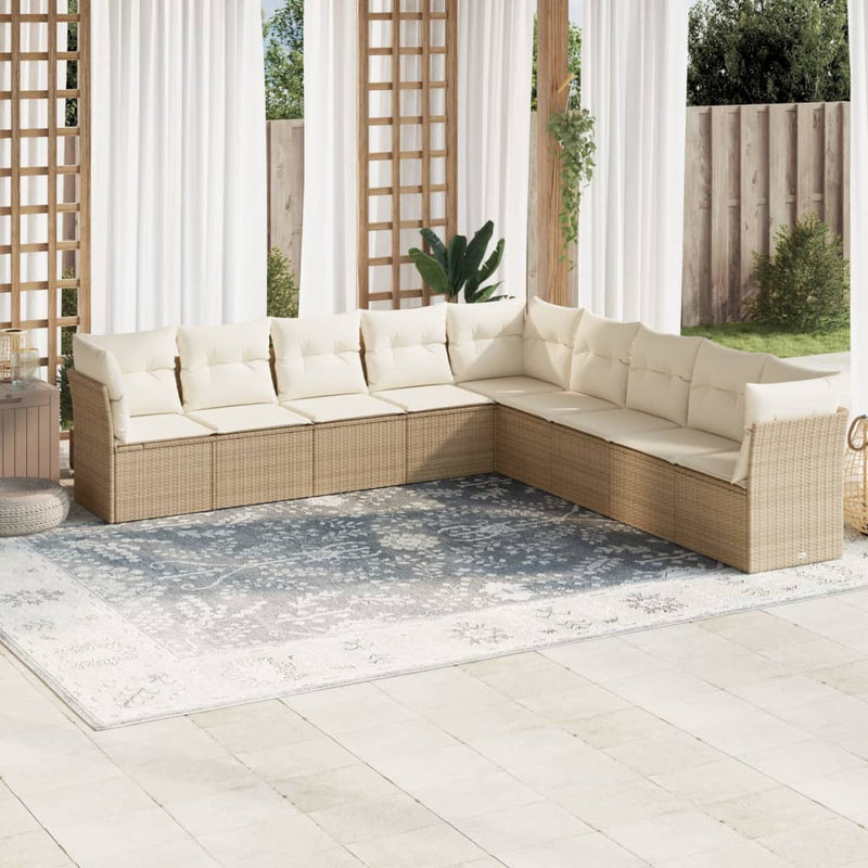 9-delige Loungeset met kussens poly rattan beige