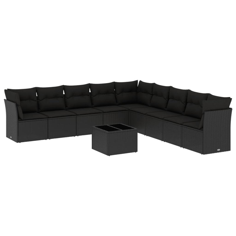 10-delige Loungeset met kussens poly rattan zwart