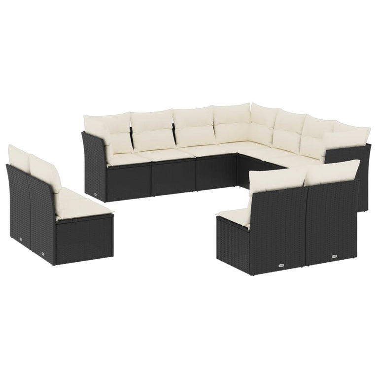 11-delige Loungeset met kussens poly rattan zwart