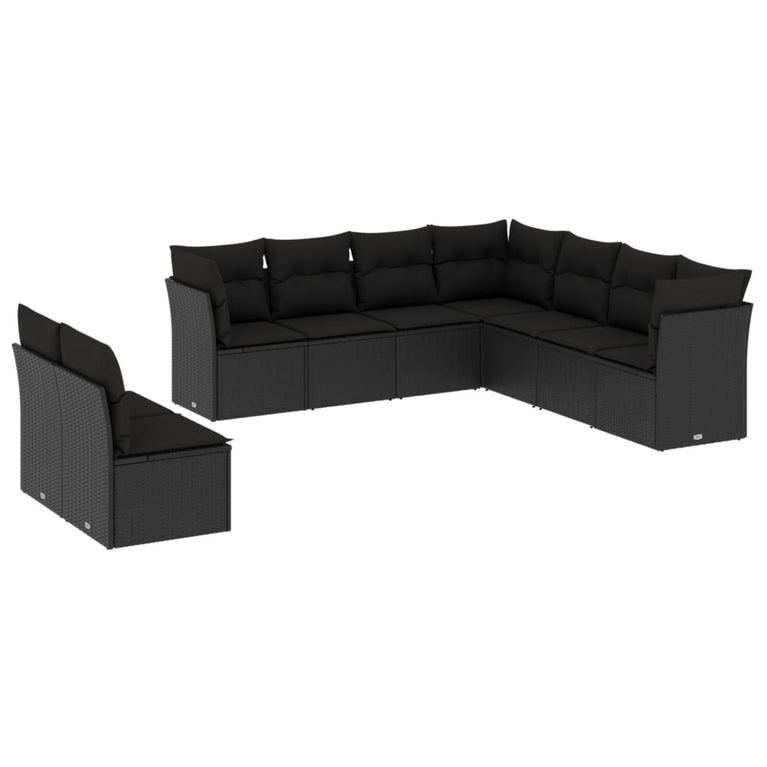 9-delige Loungeset met kussens poly rattan zwart
