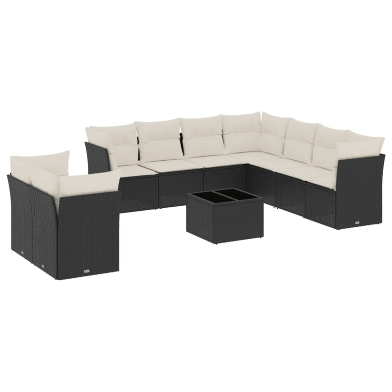 10-delige Loungeset met kussens poly rattan zwart