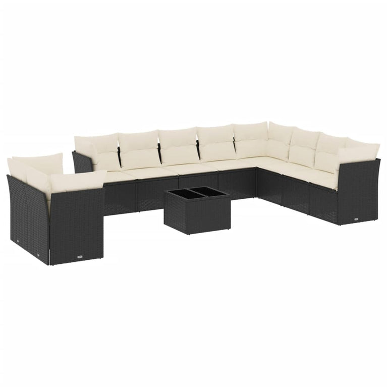 11-delige Loungeset met kussens poly rattan zwart
