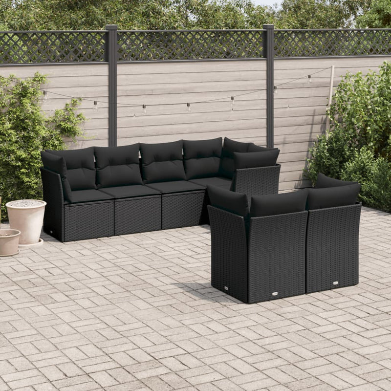 7-delige Loungeset met kussens poly rattan zwart