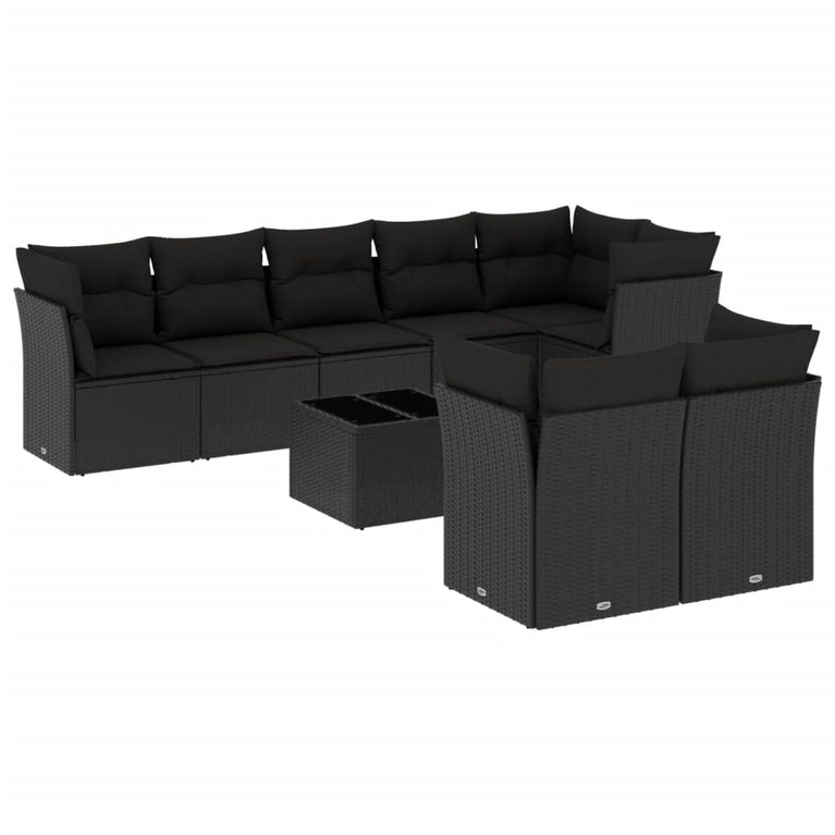 9-delige Loungeset met kussens poly rattan zwart