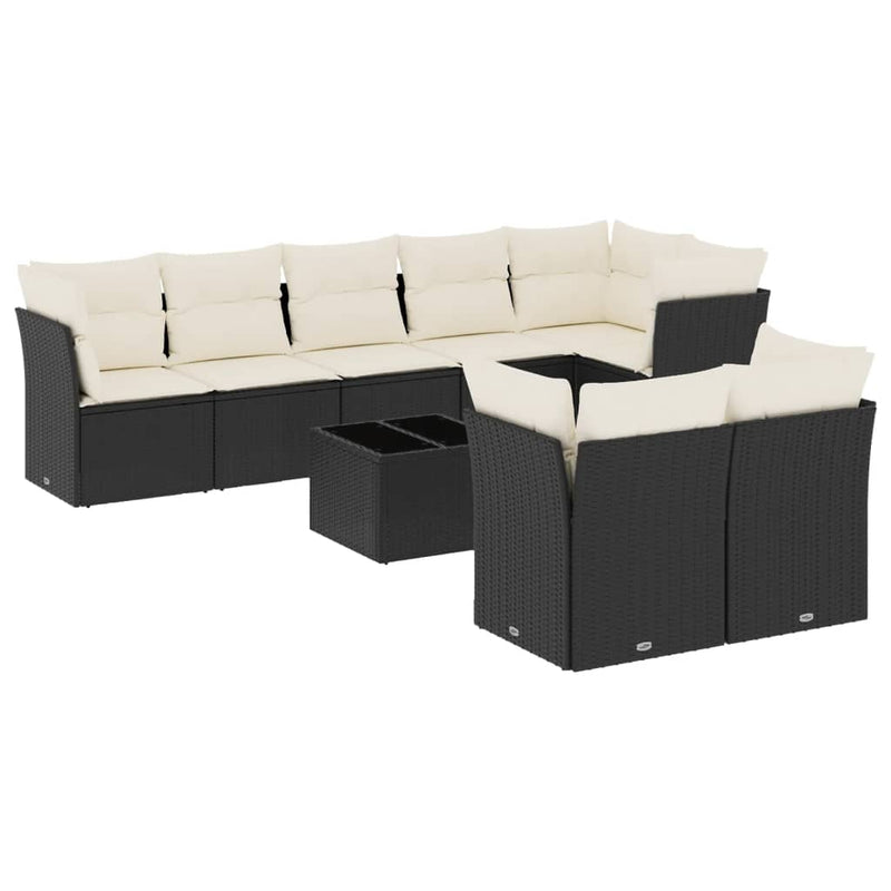 9-delige Loungeset met kussens poly rattan zwart