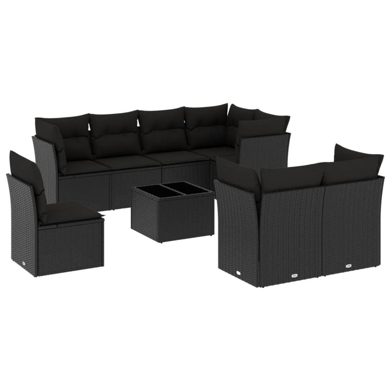 9-delige Loungeset met kussens poly rattan zwart