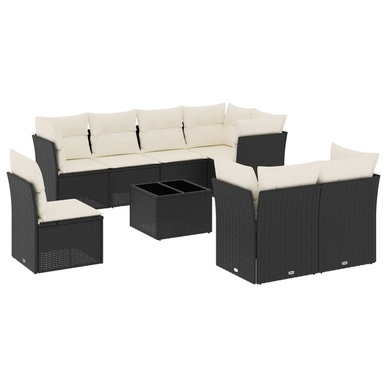 9-delige Loungeset met kussens poly rattan zwart