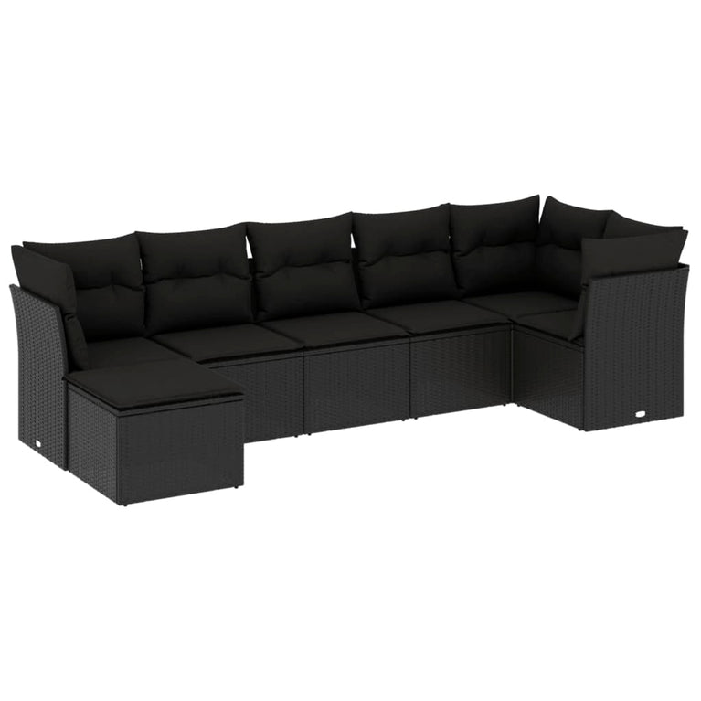 7-delige Loungeset met kussens poly rattan zwart
