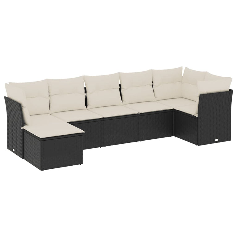 7-delige Loungeset met kussens poly rattan zwart