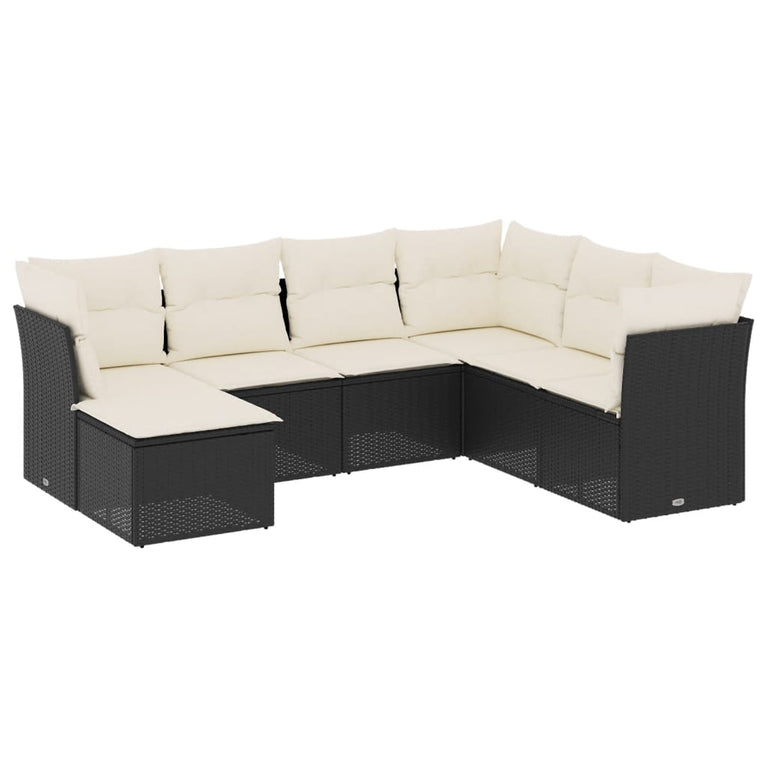 7-delige Loungeset met kussens poly rattan zwart