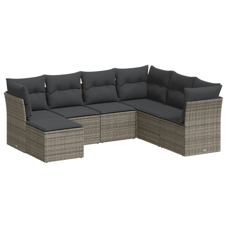 7-delige Loungeset met kussens poly rattan grijs