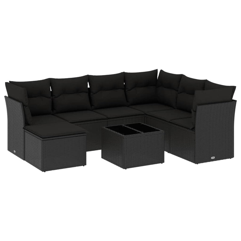 8-delige Loungeset met kussens poly rattan zwart