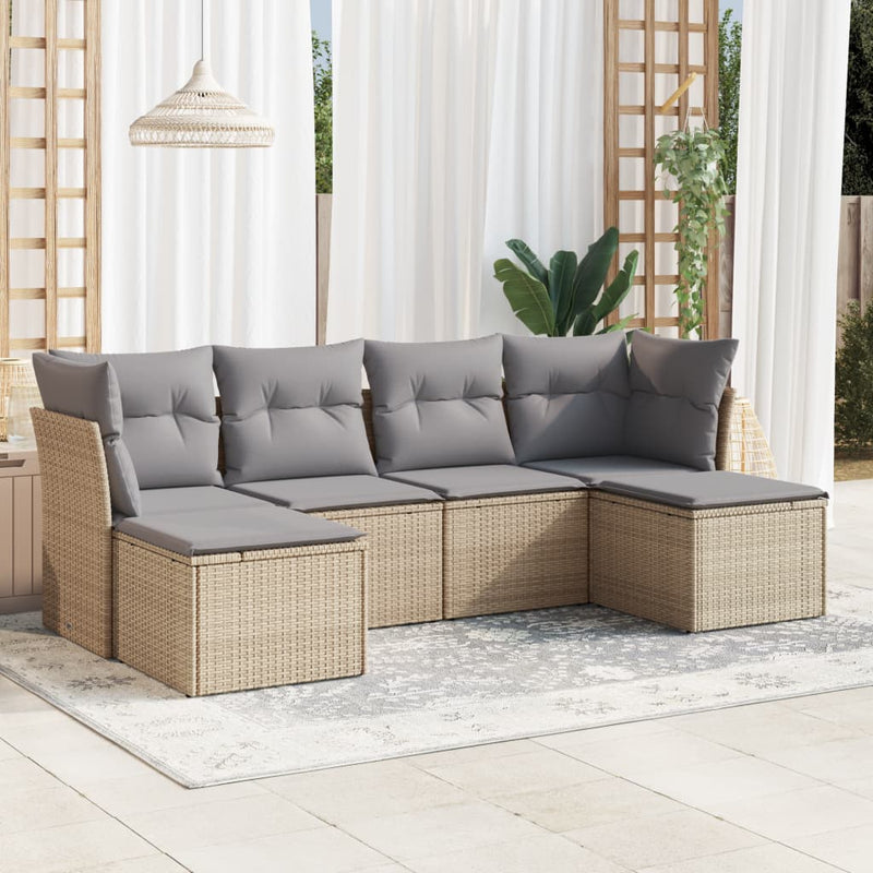 6-delige Loungeset met kussens poly rattan beige