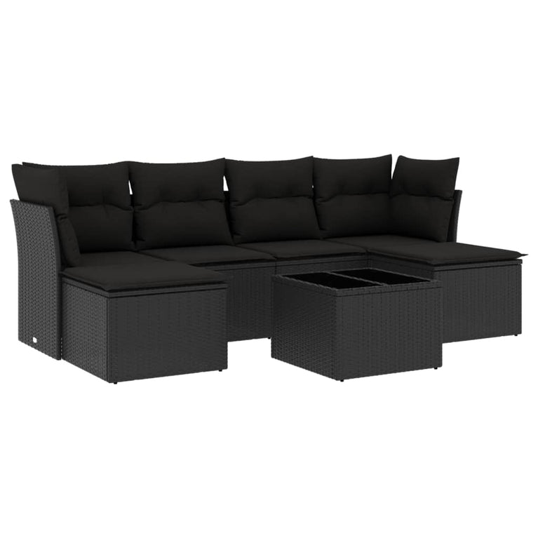 7-delige Loungeset met kussens poly rattan zwart