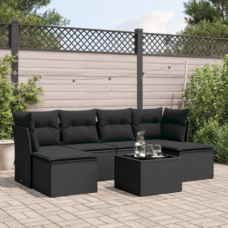7-delige Loungeset met kussens poly rattan zwart
