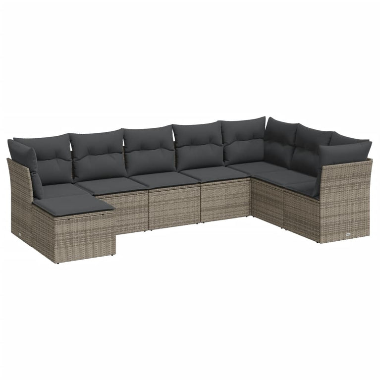 8-delige Loungeset met kussens poly rattan grijs