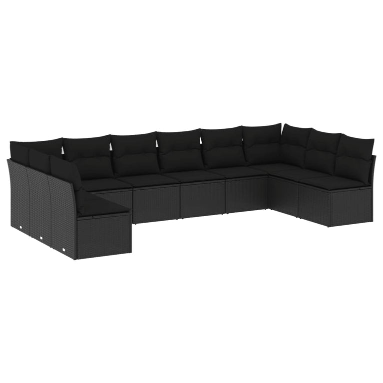 10-delige Loungeset met kussens poly rattan zwart