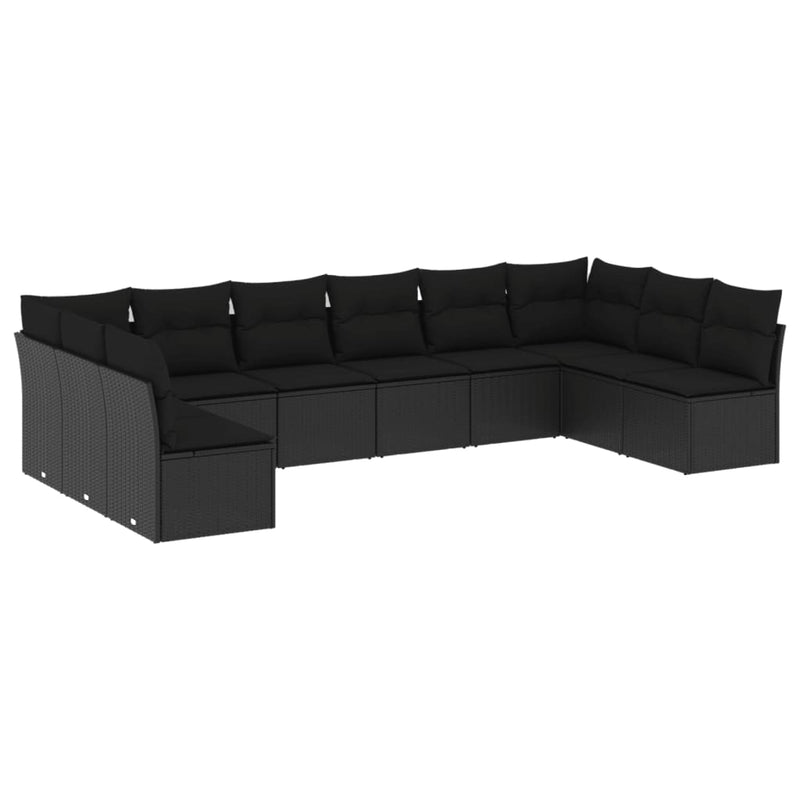 10-delige Loungeset met kussens poly rattan zwart