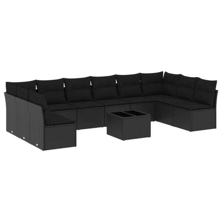 11-delige Loungeset met kussens poly rattan zwart