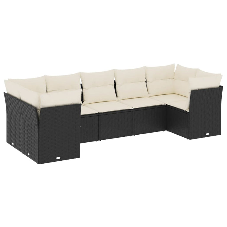 7-delige Loungeset met kussens poly rattan zwart