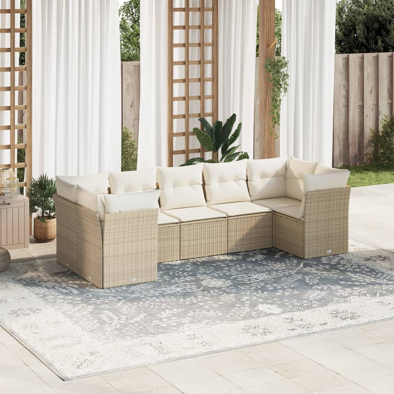 7-delige Loungeset met kussens poly rattan beige