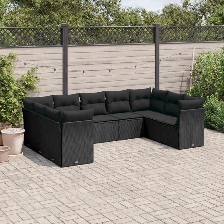 9-delige Loungeset met kussens poly rattan zwart