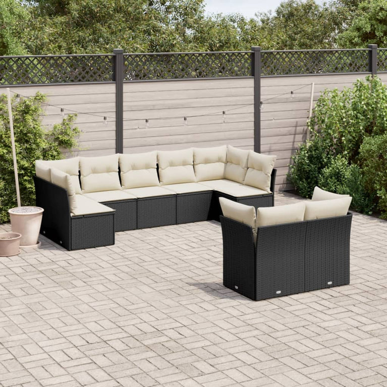 9-delige Loungeset met kussens poly rattan zwart