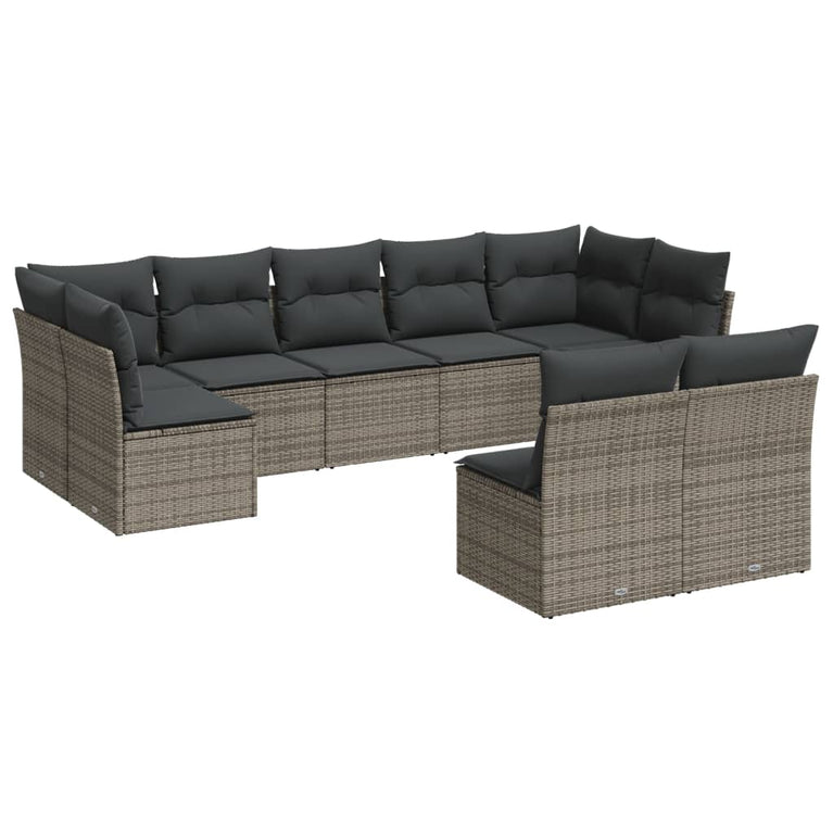 9-delige Loungeset met kussens poly rattan grijs