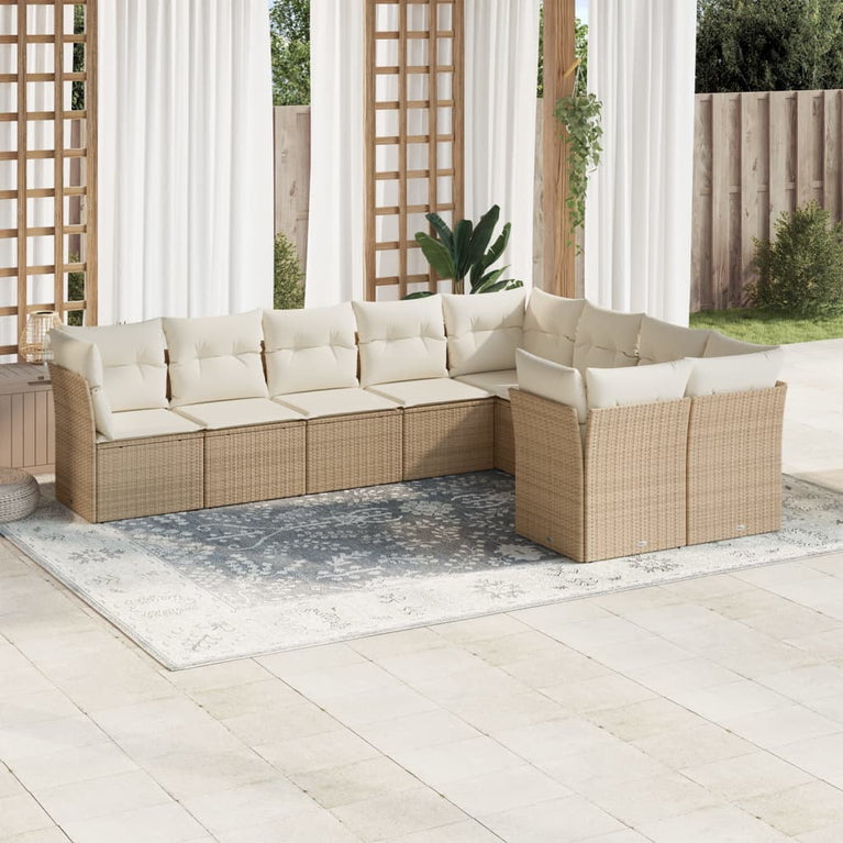 9-delige Loungeset met kussens poly rattan beige