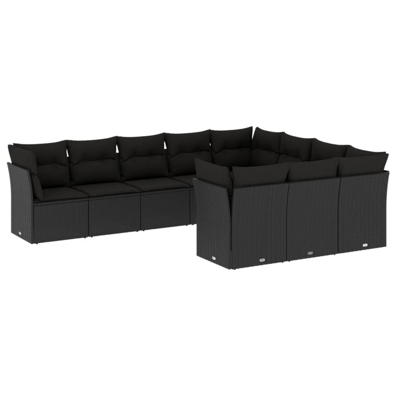 10-delige Loungeset met kussens poly rattan zwart