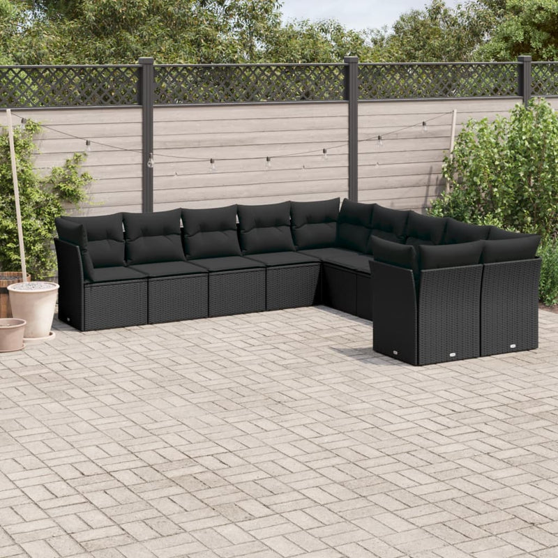 10-delige Loungeset met kussens poly rattan zwart