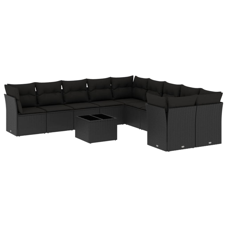 11-delige Loungeset met kussens poly rattan zwart