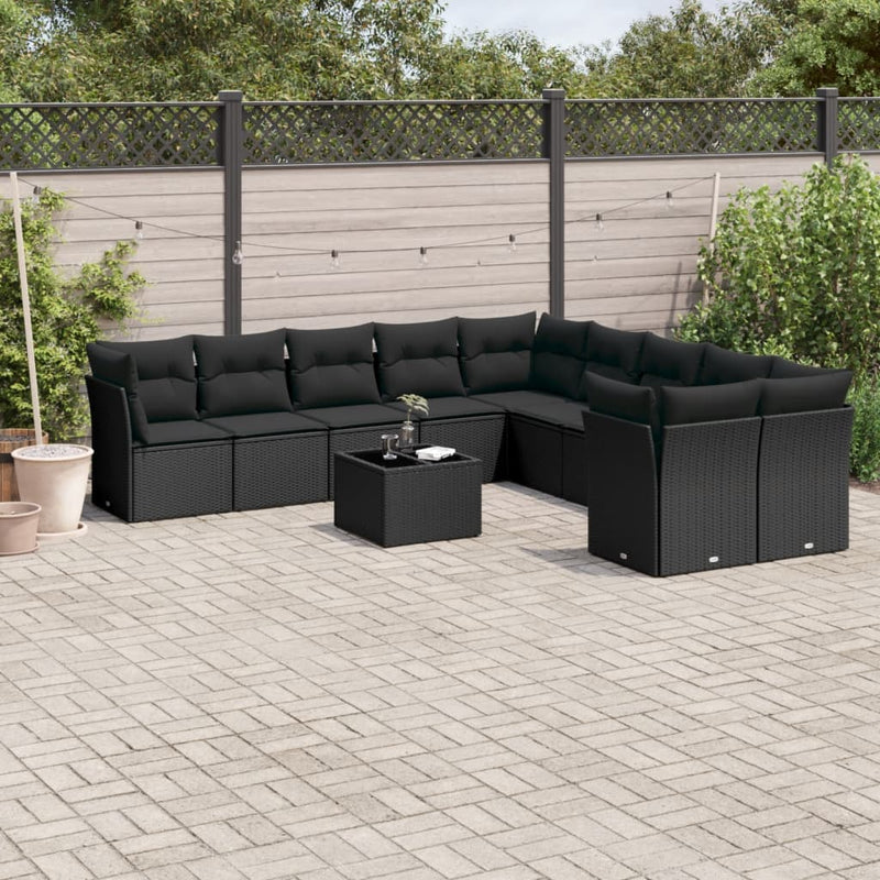 11-delige Loungeset met kussens poly rattan zwart