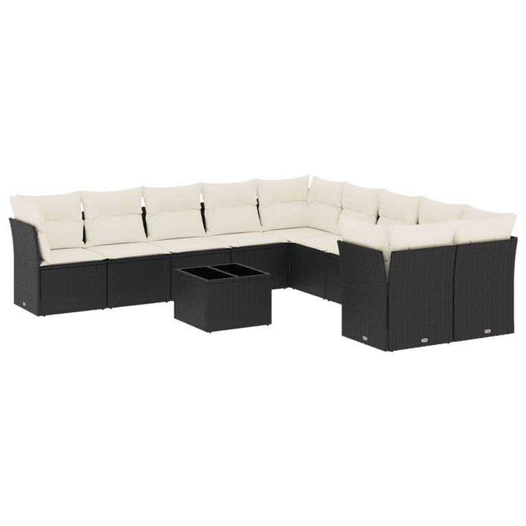 11-delige Loungeset met kussens poly rattan zwart